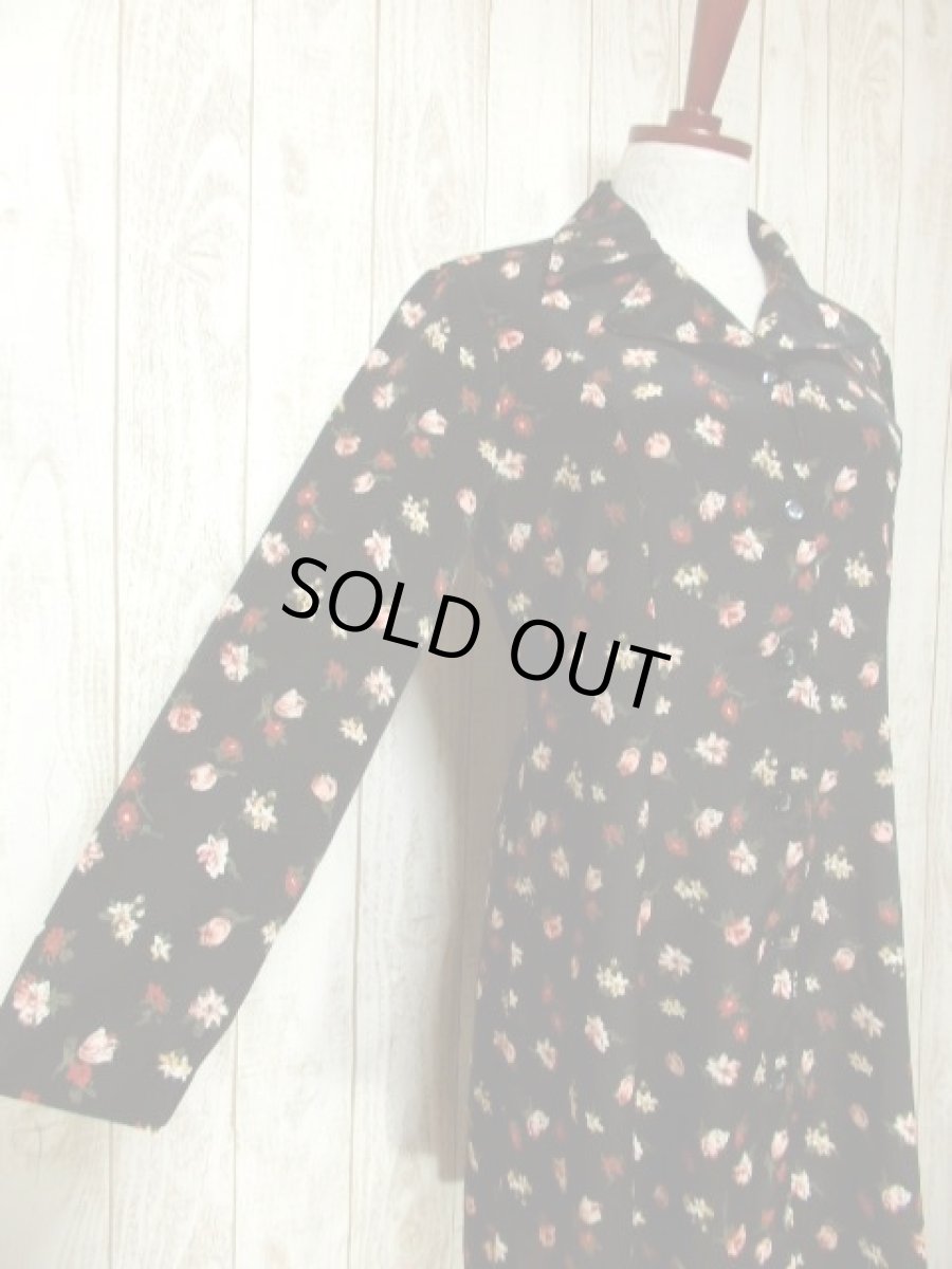 画像4: 70年代 花柄 前開き ブラック 長袖 昭和レトロ 国産古着 レトロシャツワンピース 【6135】  (4)