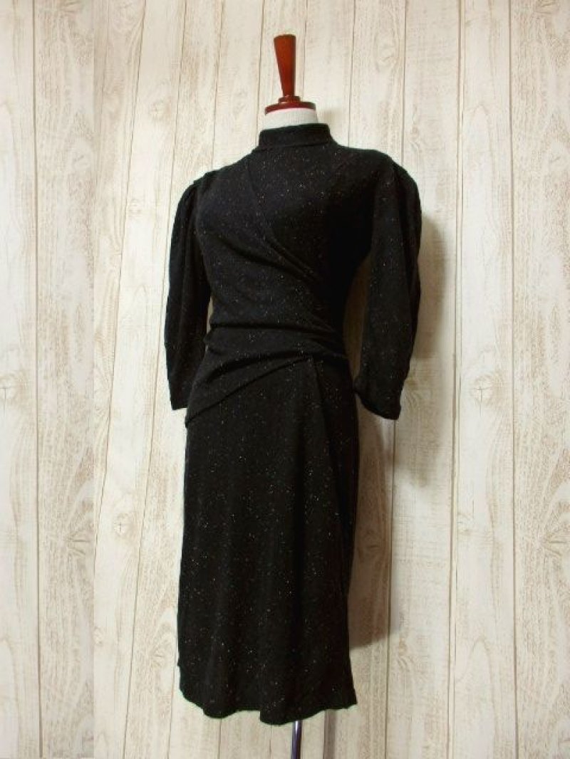 画像1: ニット ブラック 長袖 レトロ USA古着 ヴィンテージワンピース 【6227】
