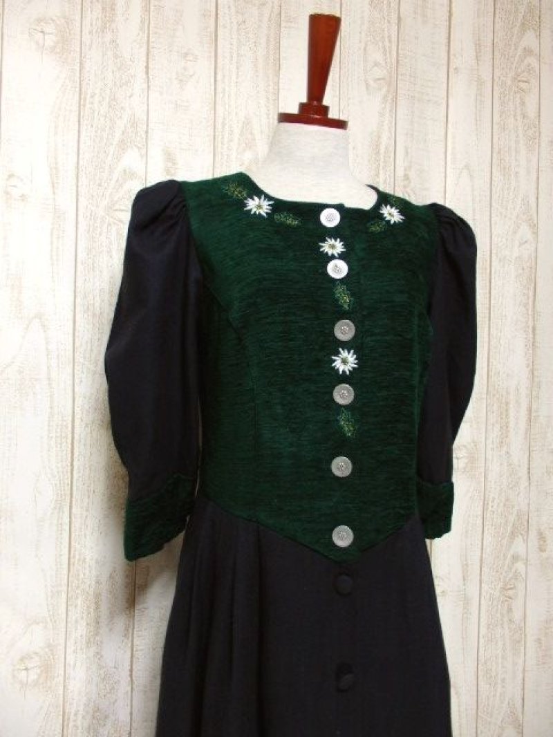 画像1: リネン お花刺繍 ネイビー グリーン 切り替えし 袖あり 前開き フォークロア クラシカル ディアンドル チロルワンピース ドイツ民族衣装 舞台 演奏会 フォークダンス オクトーバーフェスト 【Y6238】