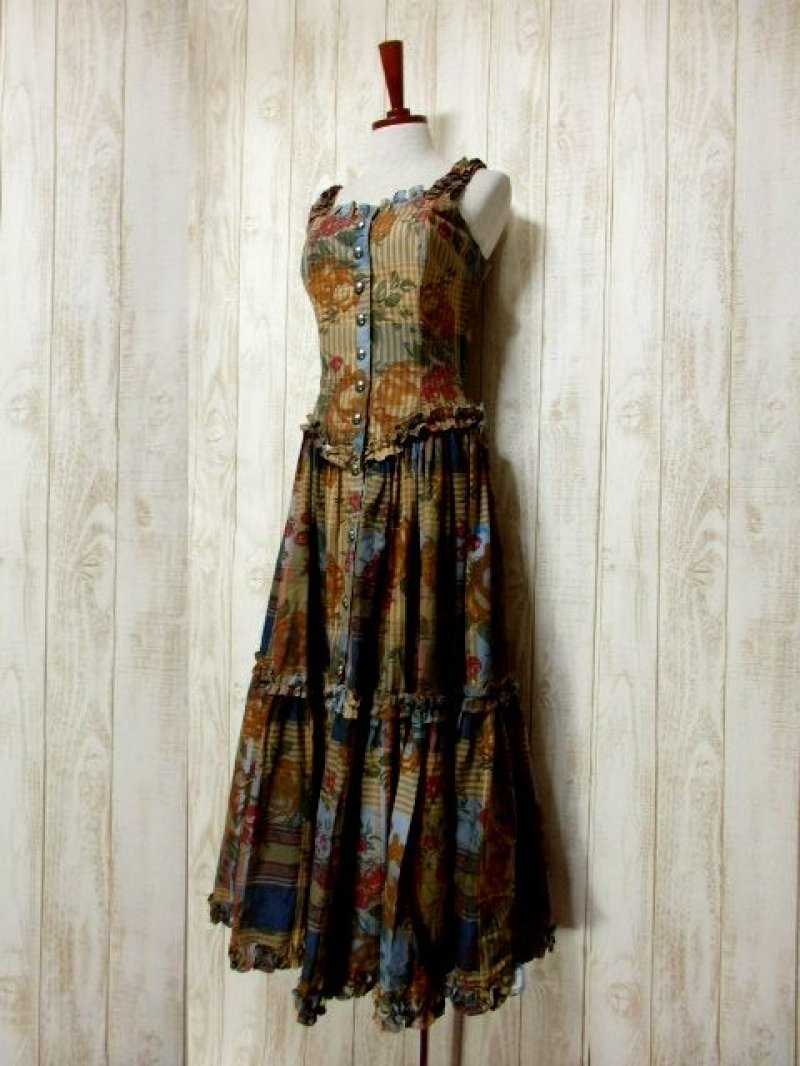 画像1: フラワー×チェック×ストライププリント ウエストキュッとスカートふんわり 大人クラシカル ディアンドル チロルワンピース ドイツ民族衣装 舞台 演奏会 フォークダンス オクトーバーフェスト 【6252】