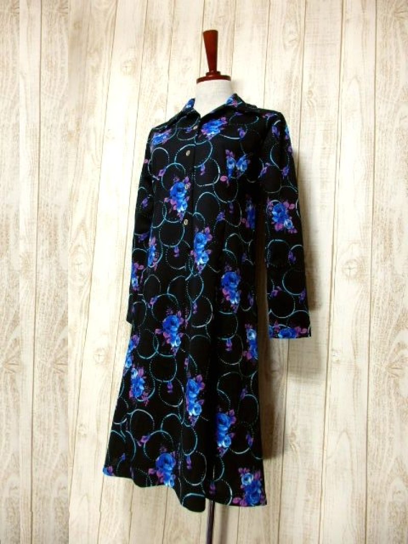 画像1: サイケ 花柄 70's ブラック レトロ 長袖 ヨーロッパ古着 ヴィンテージワンピース 【6264】
