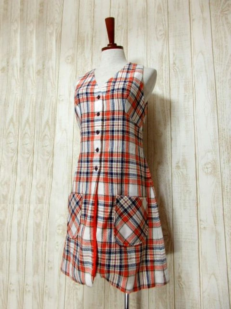 画像1: チェック柄 前開き ノースリーブ レトロ ヨーロッパ古着 ヴィンテージワンピース【6347】