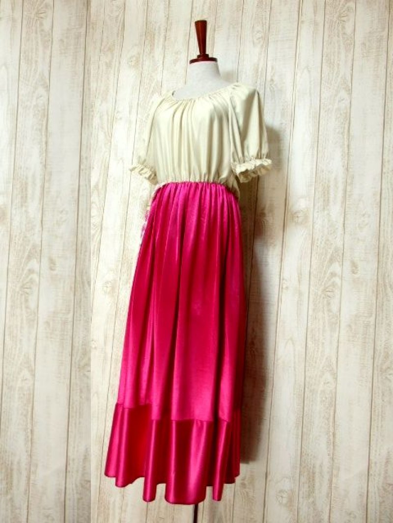 画像1: アシンメトリー 花柄 切り替えし ウエストゴム 上品 半袖 レトロ USA古着 ヴィンテージドレス