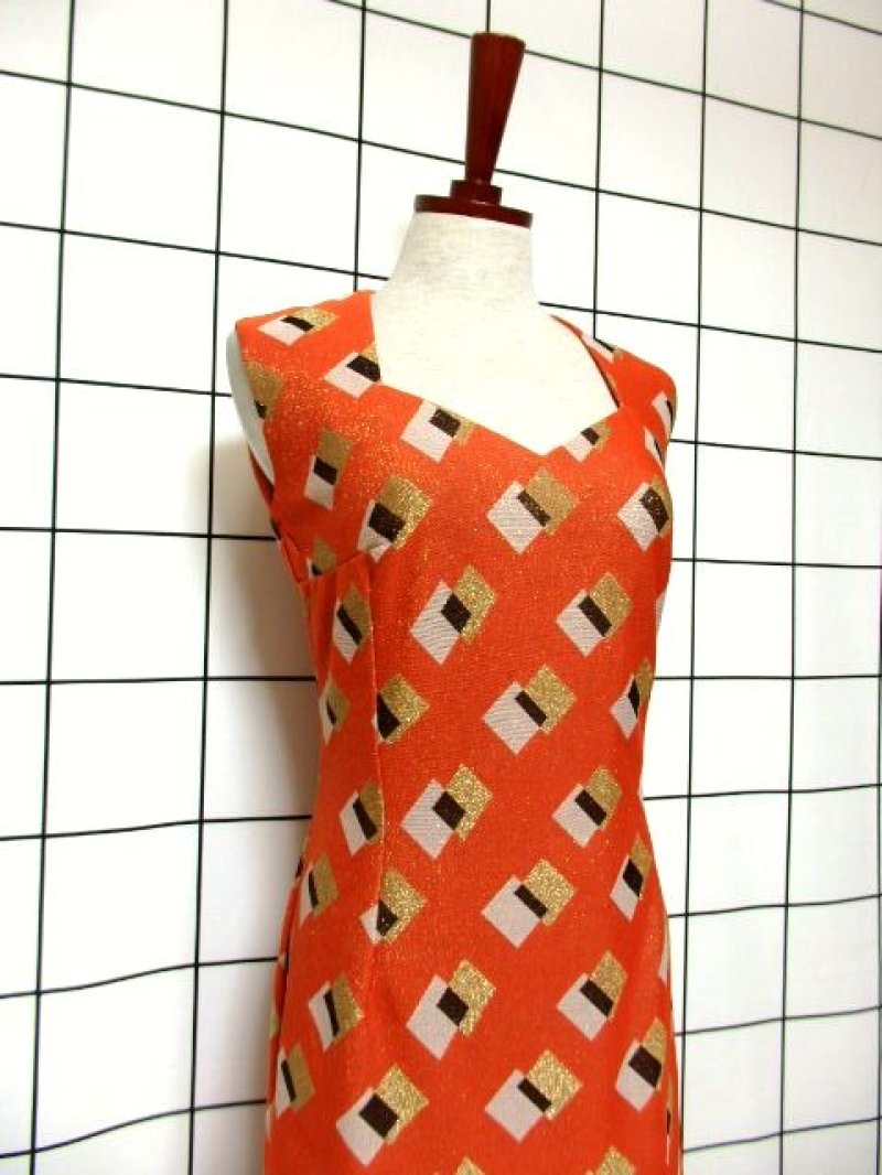 画像1: スクエア模様織り 衣装にもおすすめ ノースリーブ クラシカル レトロ ヨーロッパ古着 ヴィンテージロングドレス【6396】