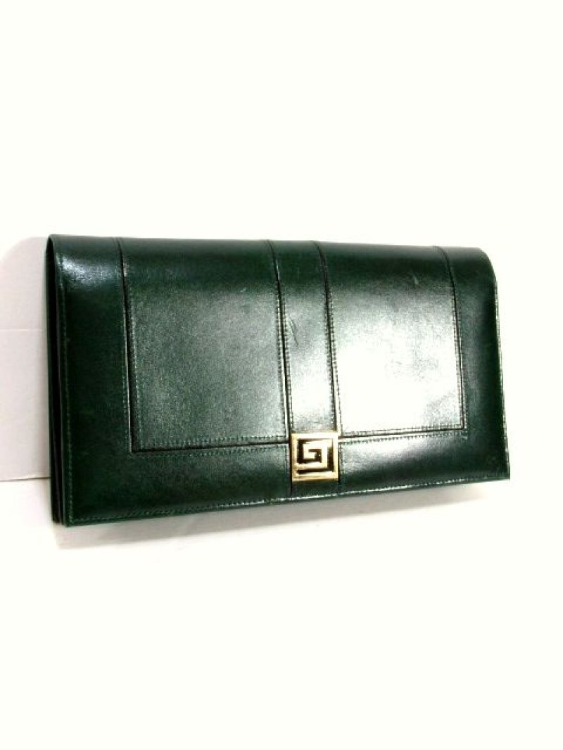 画像1: 深めのグリーン レザー レディース レトロ クラッチ 鞄 バッグ