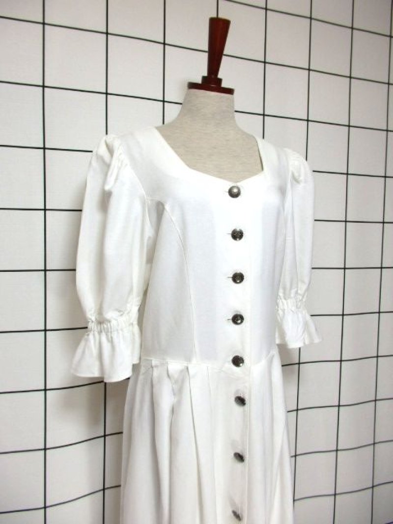 画像1: リネン ホワイト 無地 袖あり 前開き クラシカル ディアンドル チロルワンピース ドイツ民族衣装 舞台 演奏会 フォークダンス オクトーバーフェスト 【Y6575】