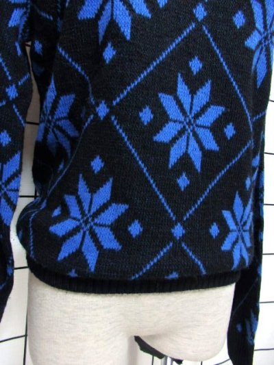 画像2: ニットセーター 雪結晶模様編み 袖先ウエストリブ ブラック×ブルー フォークロア USA古着
