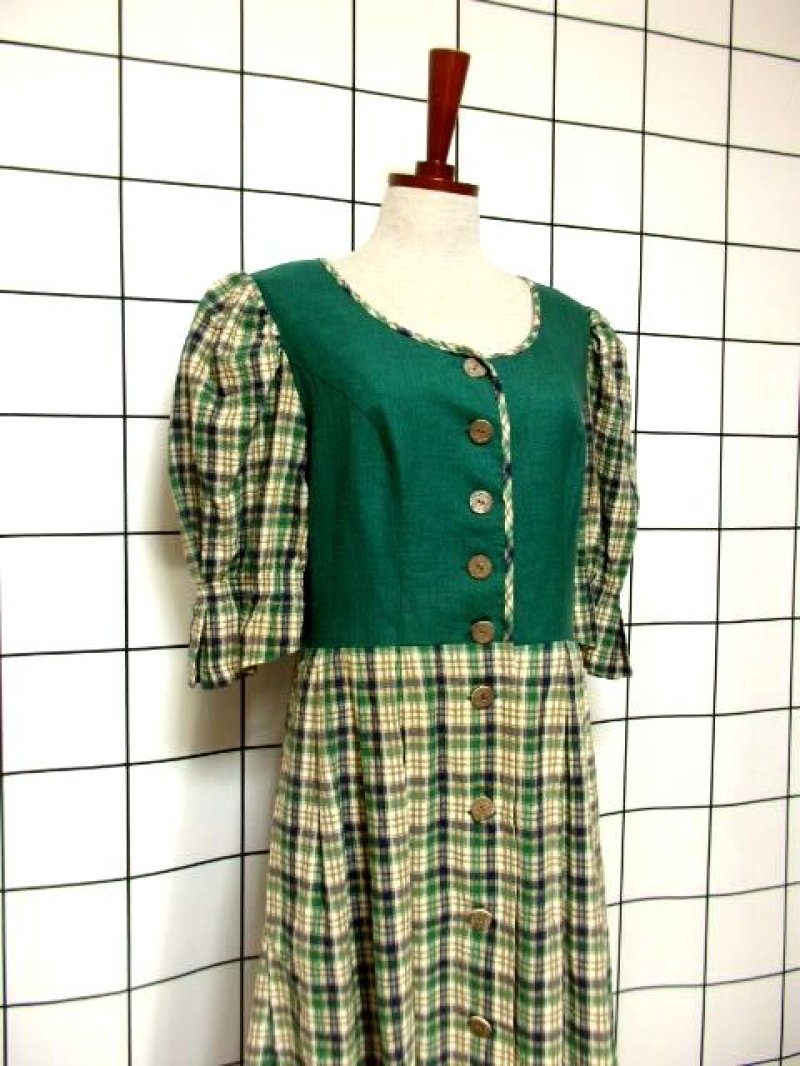 画像1: RoseDirndlAUSBAYERN チェック柄 リネン ウッド調ボタン 前開き グリーン 袖あり ディアンドル チロルワンピース ドイツ民族衣装 舞台 演奏会 フォークダンス オクトーバーフェスト 【6634】