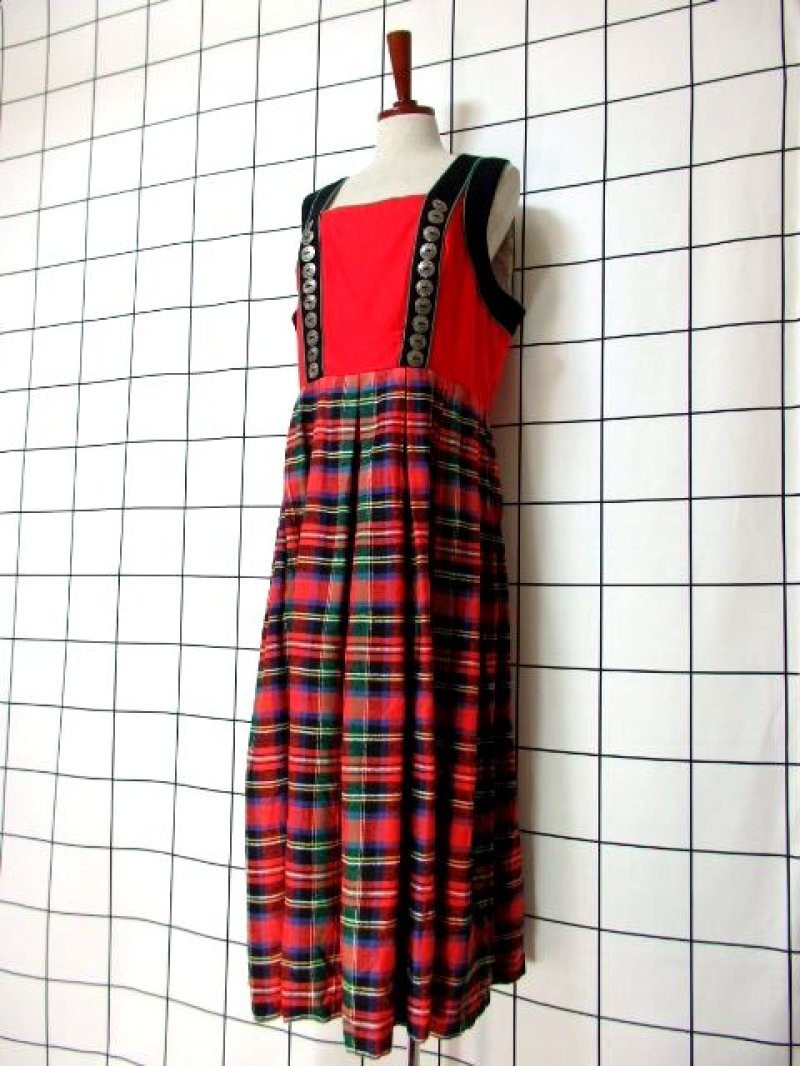 画像1: オーストリア製 チェック柄 ウール レッド ブラック 切り替えし ノースリーブ ガーリー フォークロア ディアンドル チロルワンピース ドイツ民族衣装 舞台 演奏会 フォークダンス オクトーバーフェスト 【6640】
