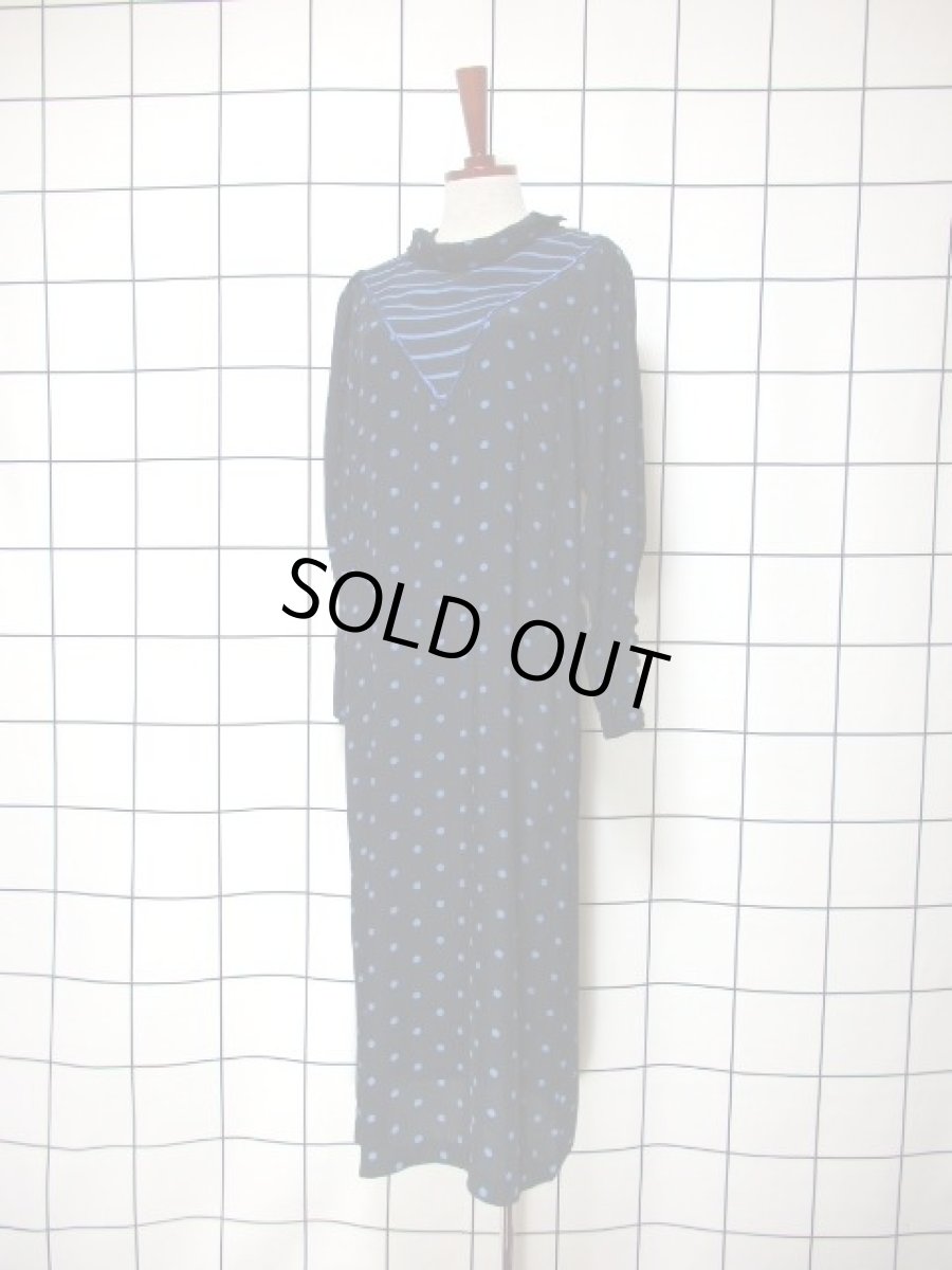 画像4: ドット柄 ボーダー柄 ブラック 黒 ブルー レトロ 長袖 ヨーロッパ古着 ヴィンテージドレス 【6747】 (4)