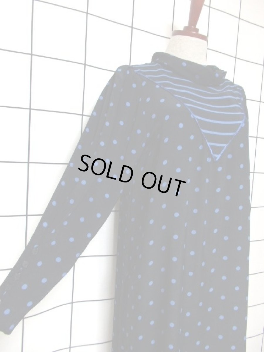 画像3: ドット柄 ボーダー柄 ブラック 黒 ブルー レトロ 長袖 ヨーロッパ古着 ヴィンテージドレス 【6747】 (3)