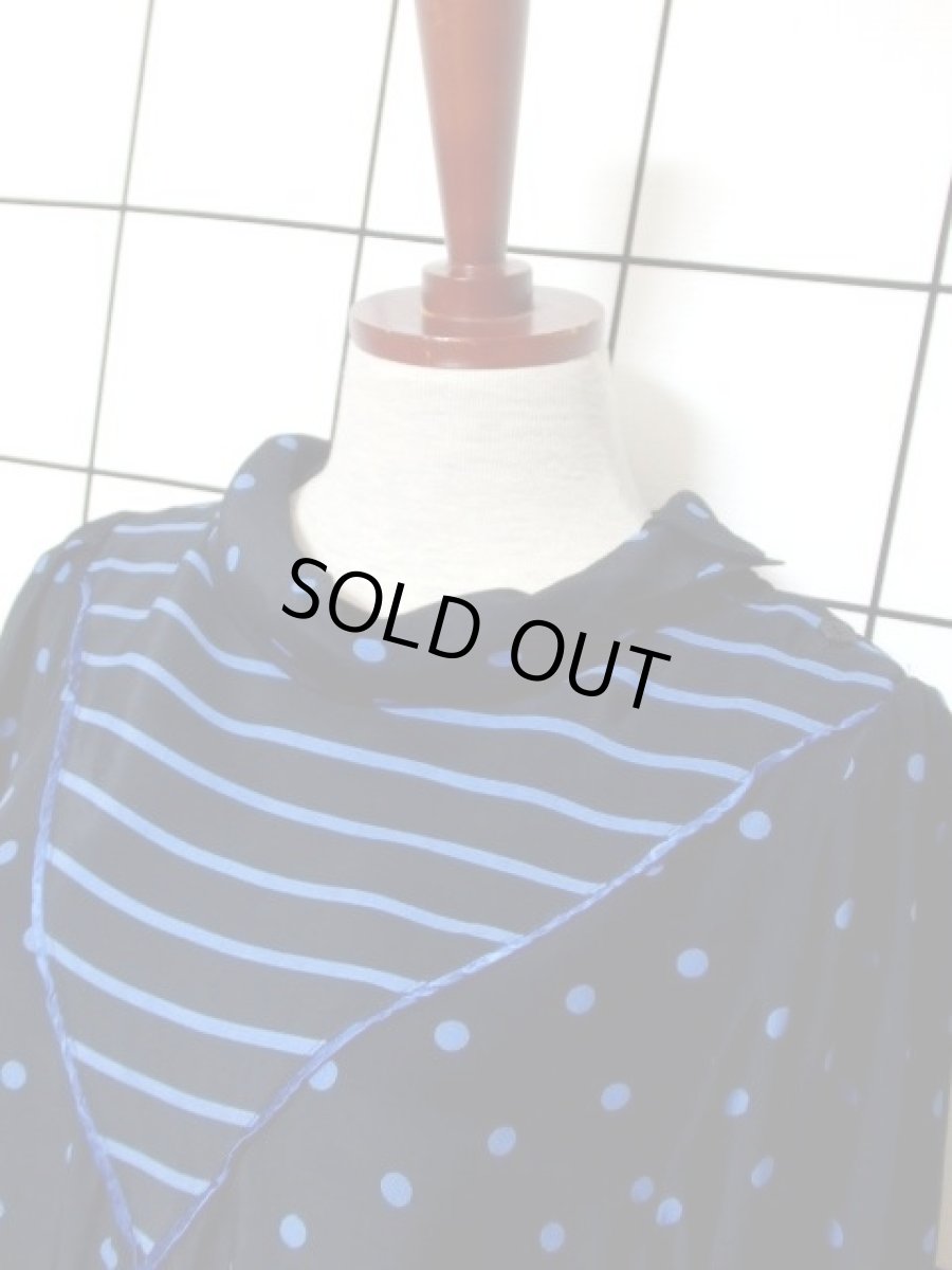 画像9: ドット柄 ボーダー柄 ブラック 黒 ブルー レトロ 長袖 ヨーロッパ古着 ヴィンテージドレス 【6747】 (9)