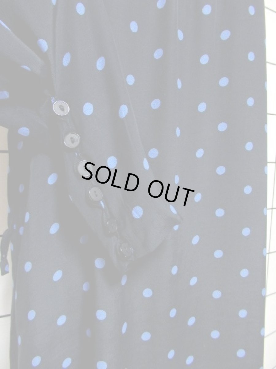 画像12: ドット柄 ボーダー柄 ブラック 黒 ブルー レトロ 長袖 ヨーロッパ古着 ヴィンテージドレス 【6747】 (12)