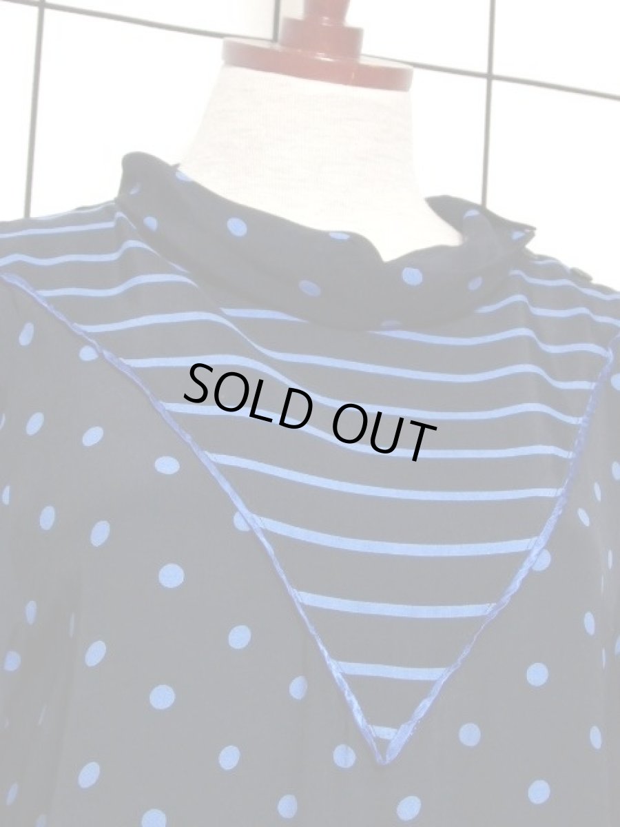 画像2: ドット柄 ボーダー柄 ブラック 黒 ブルー レトロ 長袖 ヨーロッパ古着 ヴィンテージドレス 【6747】 (2)