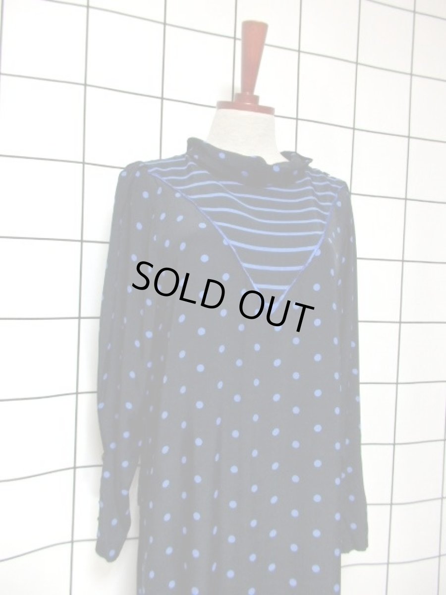 画像8: ドット柄 ボーダー柄 ブラック 黒 ブルー レトロ 長袖 ヨーロッパ古着 ヴィンテージドレス 【6747】 (8)