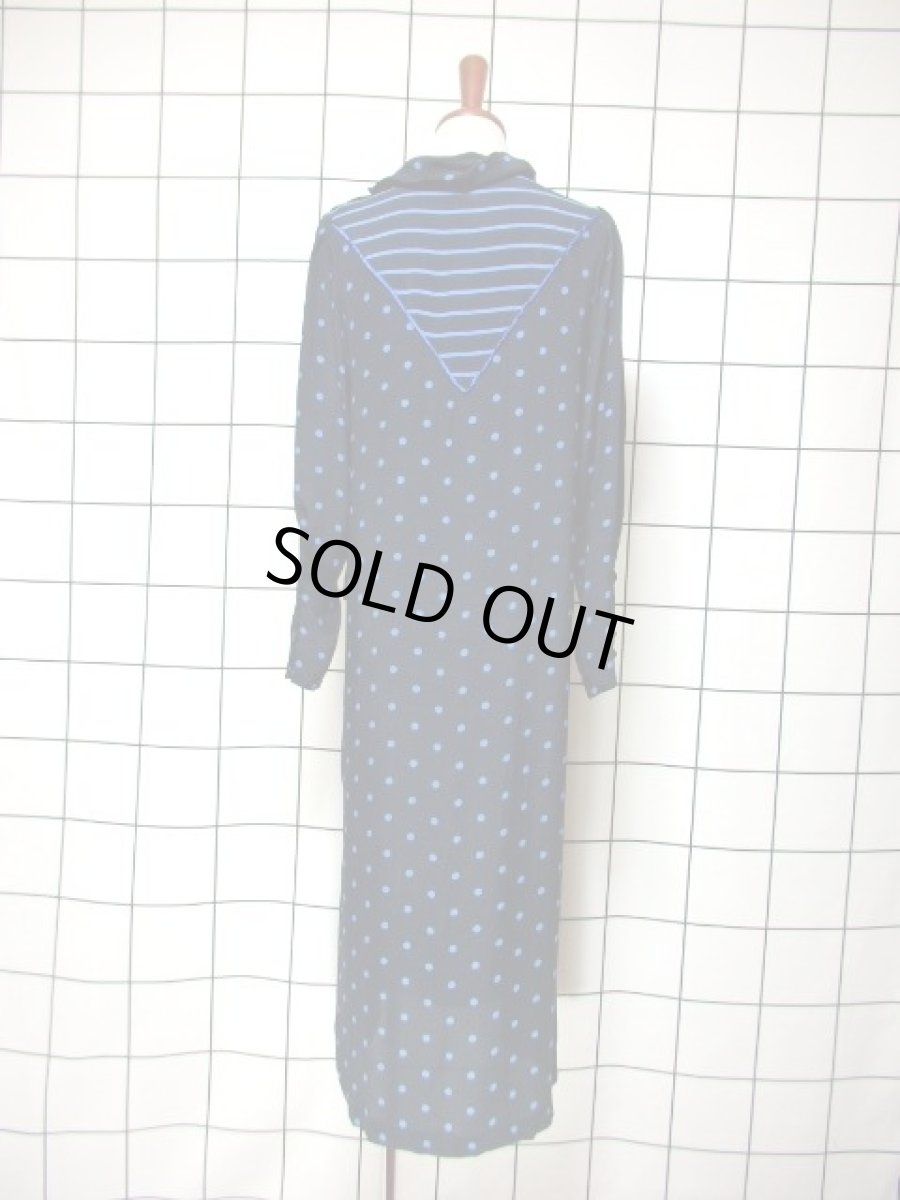 画像5: ドット柄 ボーダー柄 ブラック 黒 ブルー レトロ 長袖 ヨーロッパ古着 ヴィンテージドレス 【6747】 (5)