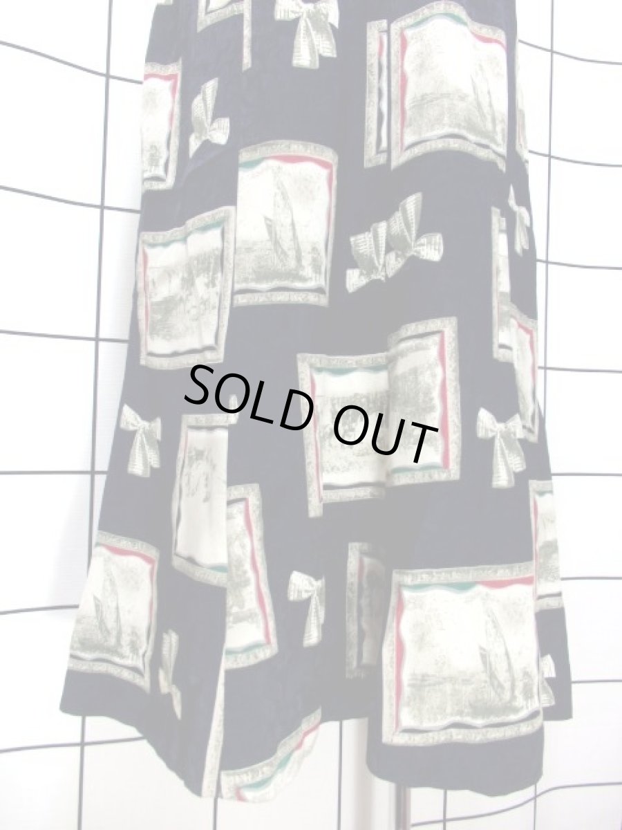 画像6: レトロスカート スカーフ柄 リボン柄 風景柄 ネイビー 紺 ガーリー 古着 (6)