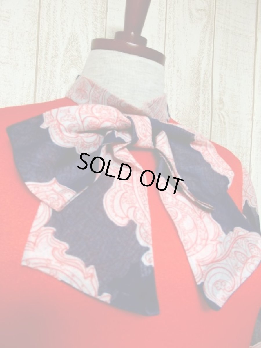 画像3: ペイズリーモチーフ 首元リボンタイ レッド ネイビー 長袖 レトロ ヨーロッパ古着 ヴィンテージマキシ丈ドレス 【4944】  (3)