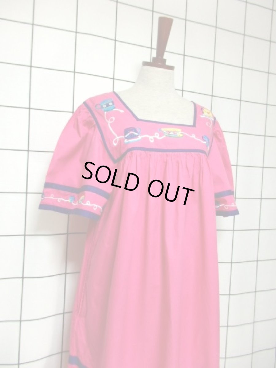 画像7: インド製 コットン ティーカップ刺繍 ピンク ふんわり 半袖 レトロ フォークロア ガーリー ヴィンテージドレス (7)