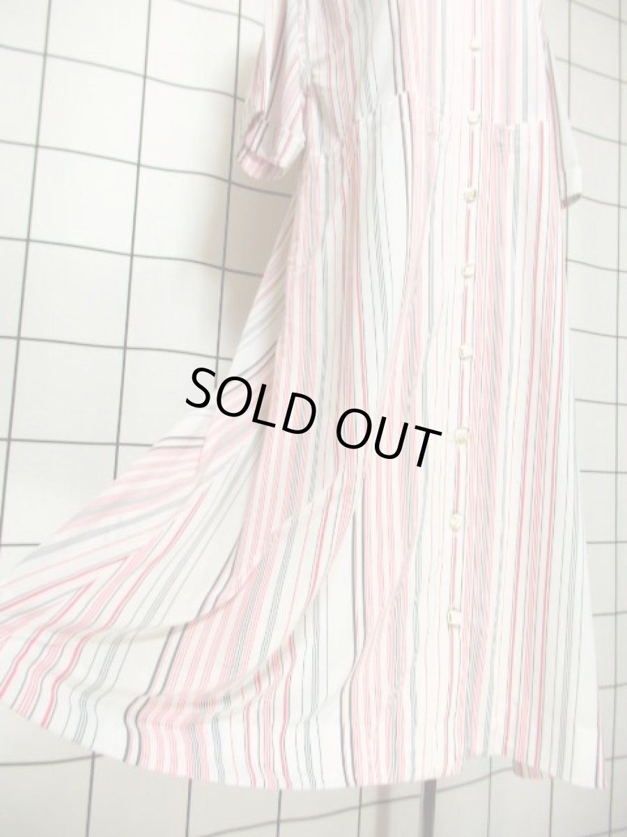 画像12: ストライプ ホワイト 前開き 70's 半袖 昭和レトロ 国産古着 レトロシャツワンピース【3589】 (12)