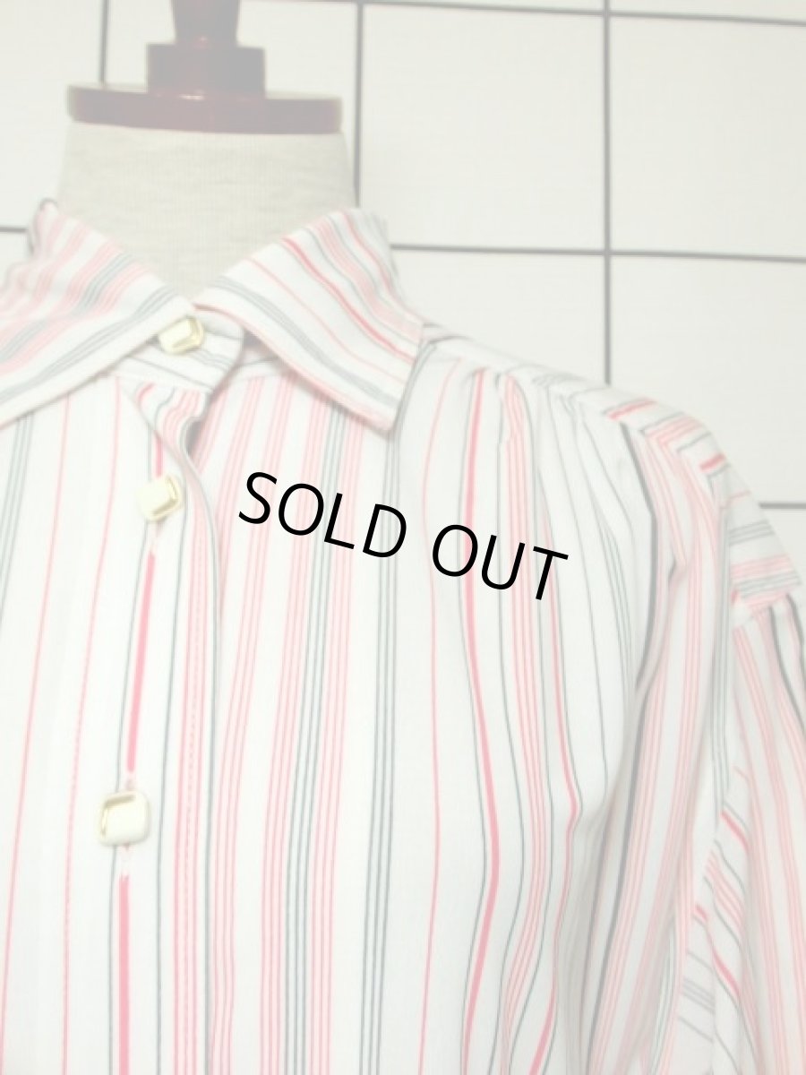 画像9: ストライプ ホワイト 前開き 70's 半袖 昭和レトロ 国産古着 レトロシャツワンピース【3589】 (9)