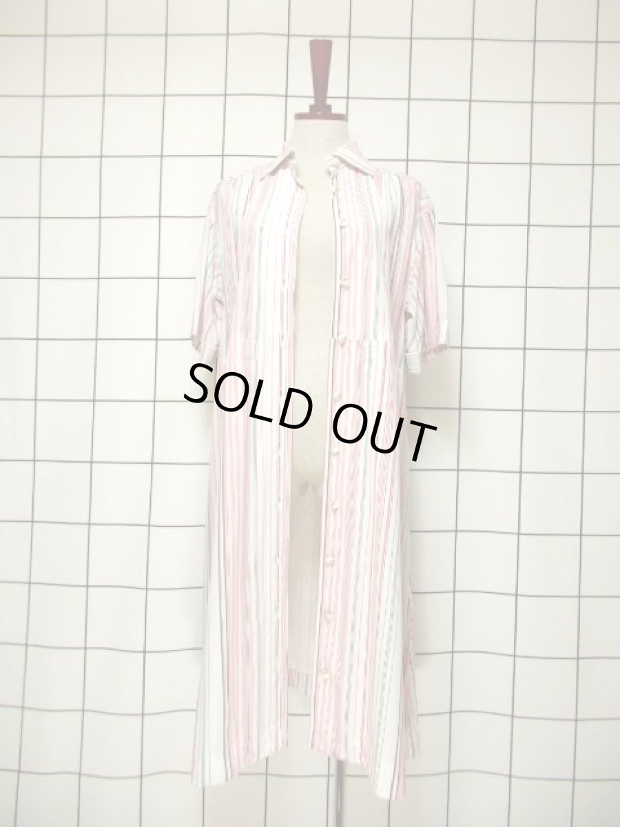 画像13: ストライプ ホワイト 前開き 70's 半袖 昭和レトロ 国産古着 レトロシャツワンピース【3589】 (13)