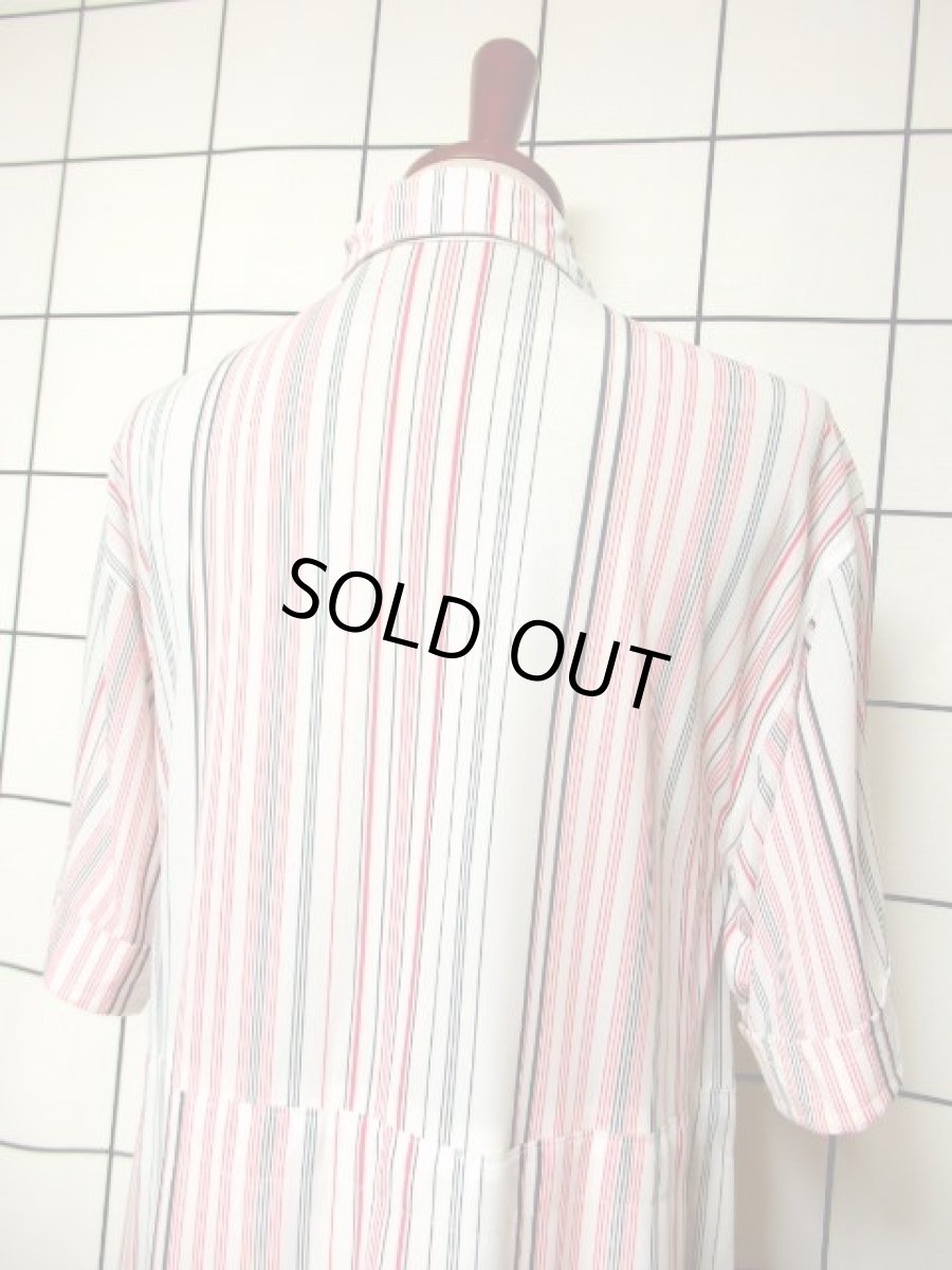 画像6: ストライプ ホワイト 前開き 70's 半袖 昭和レトロ 国産古着 レトロシャツワンピース【3589】 (6)