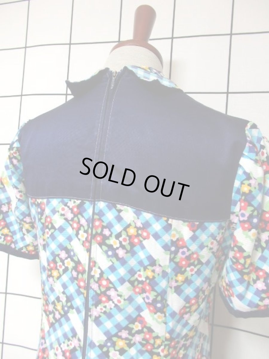 画像6: ブロックチェック柄 花柄 ポップ 半袖 レトロ ガーリー ヨーロッパ古着 ヴィンテージワンピース【5746】 (6)