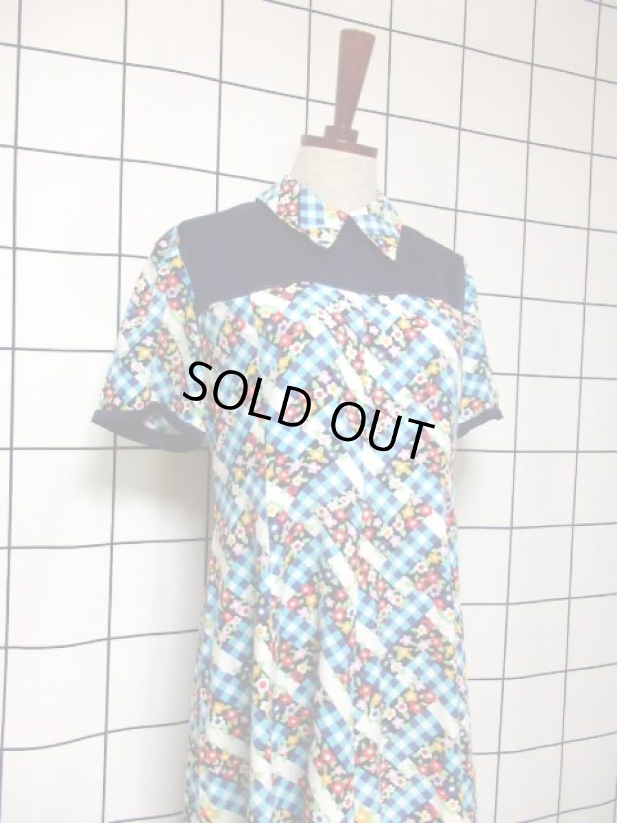 画像7: ブロックチェック柄 花柄 ポップ 半袖 レトロ ガーリー ヨーロッパ古着 ヴィンテージワンピース【5746】 (7)