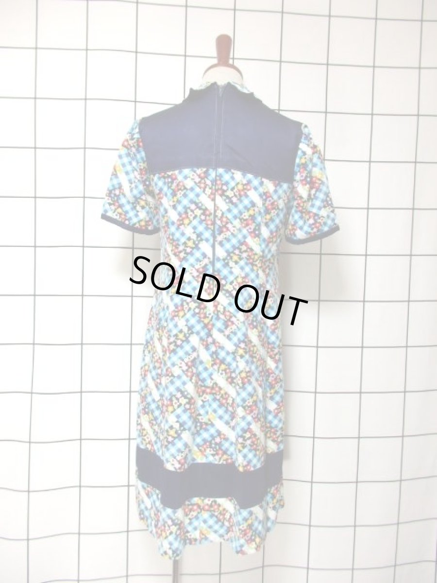 画像5: ブロックチェック柄 花柄 ポップ 半袖 レトロ ガーリー ヨーロッパ古着 ヴィンテージワンピース【5746】 (5)
