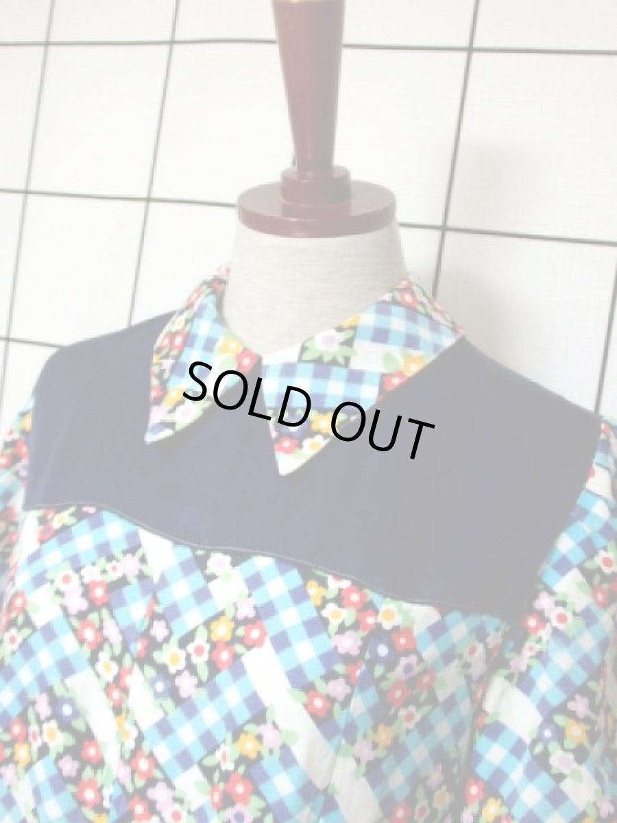 画像8: ブロックチェック柄 花柄 ポップ 半袖 レトロ ガーリー ヨーロッパ古着 ヴィンテージワンピース【5746】 (8)