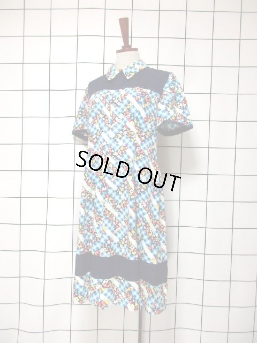 画像2: ブロックチェック柄 花柄 ポップ 半袖 レトロ ガーリー ヨーロッパ古着 ヴィンテージワンピース【5746】 (2)