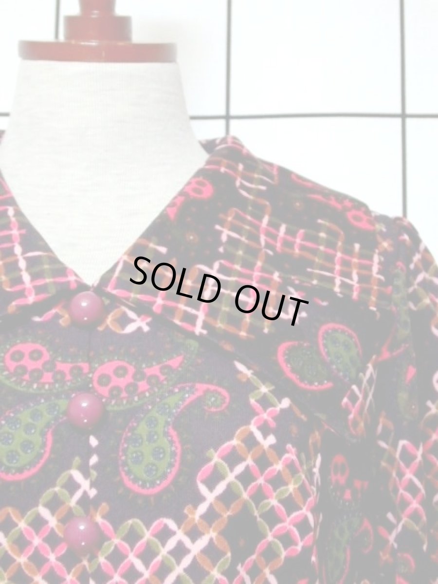 画像10: ペイズリーモチーフ 大きな襟 ダークブラウン 長袖 レトロ ヨーロッパ古着 ヴィンテージワンピース【6997】  (10)