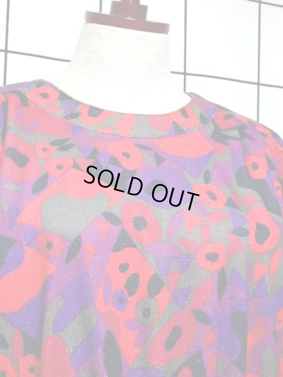 画像3: サイケ アート柄 パープル レッド ブラック ウエストゴム ラメ レトロ 長袖 ヨーロッパ古着 ヴィンテージワンピース【7012】 (3)