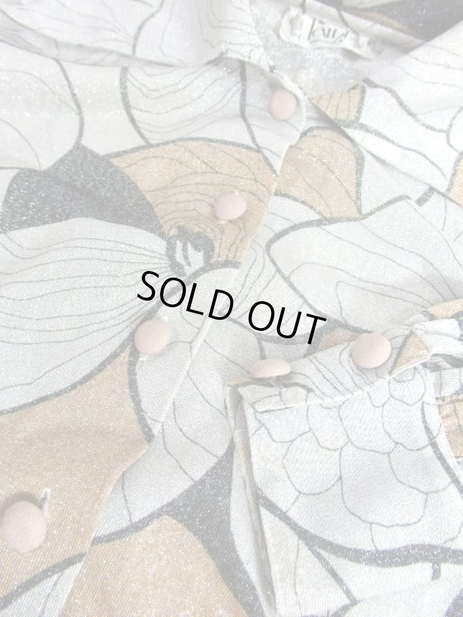 画像10: レトロブラウス フラワーモチーフ グレー ラメ 70's ウエストリボン 長袖 シャツ 古着 (10)