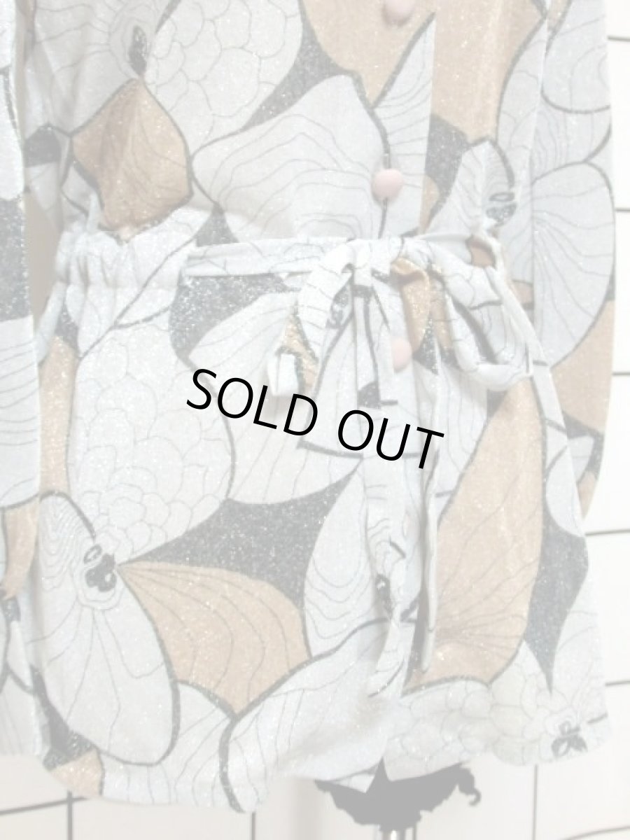 画像8: レトロブラウス フラワーモチーフ グレー ラメ 70's ウエストリボン 長袖 シャツ 古着 (8)