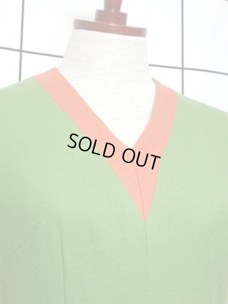 画像3: デンマーク製 ウール グリーン オレンジ バイカラー 半袖 レトロ ヨーロッパ古着 ヴィンテージワンピース【7051】 (3)