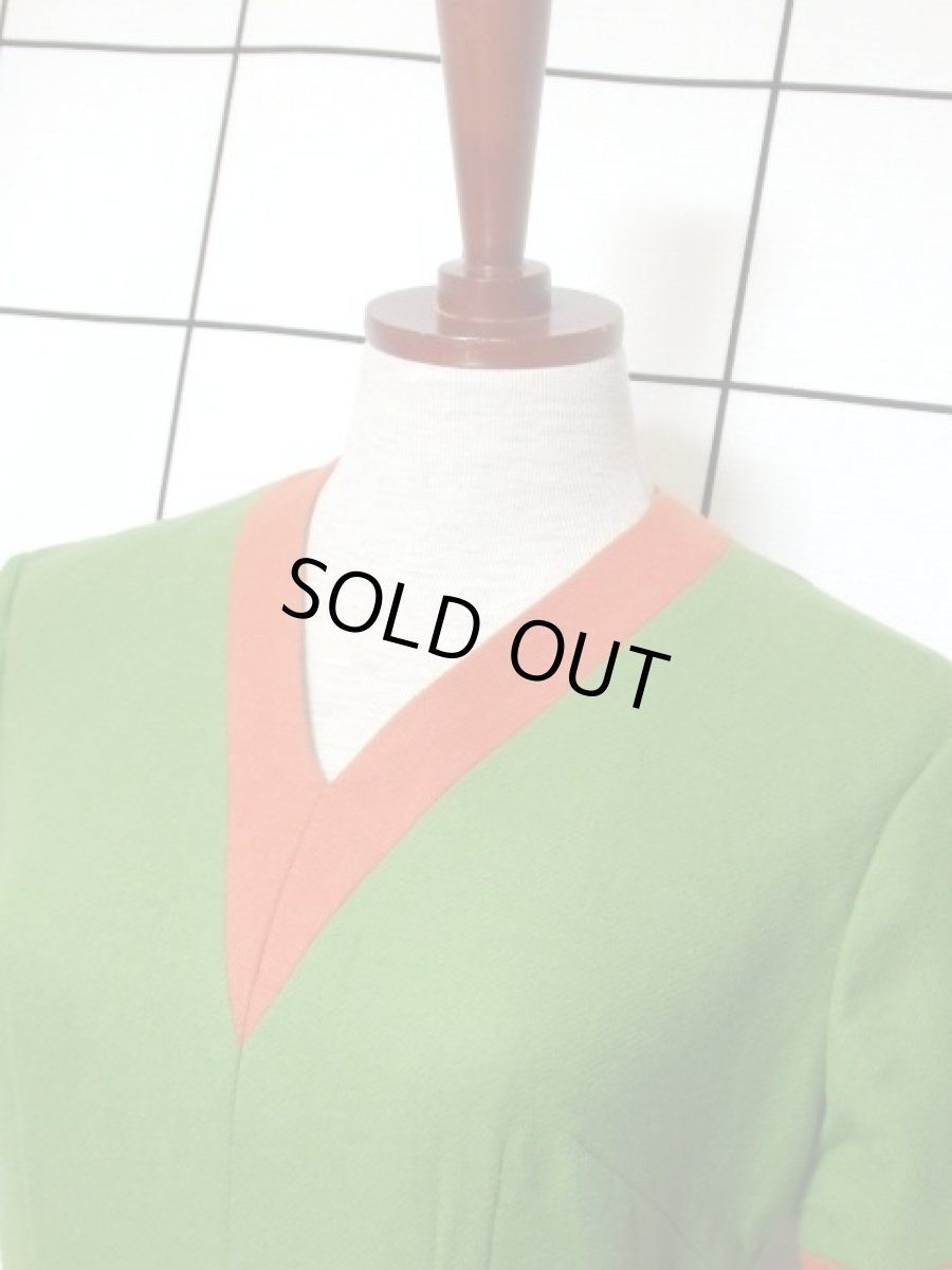 画像8: デンマーク製 ウール グリーン オレンジ バイカラー 半袖 レトロ ヨーロッパ古着 ヴィンテージワンピース【7051】 (8)