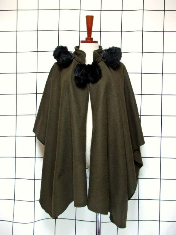 ヨーロッパ古着 ヴィンテージマント こっくりしたカーキ フード付