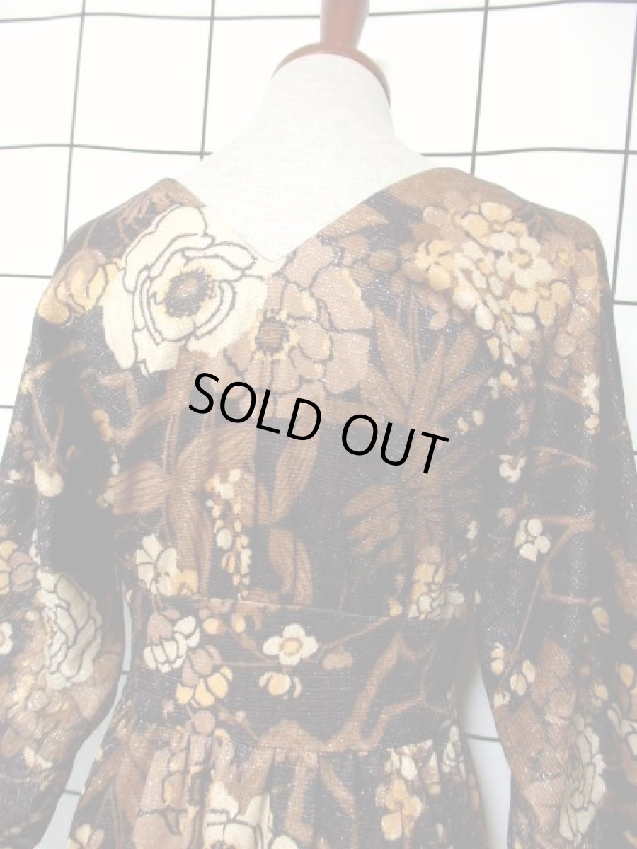 画像6: レトロモダン ボタニカル柄 花柄 ブラウン Vネック ラメ ドルマンスリーブ クラシカル ヨーロッパ古着 ヴィンテージドレス【7104】 (6)