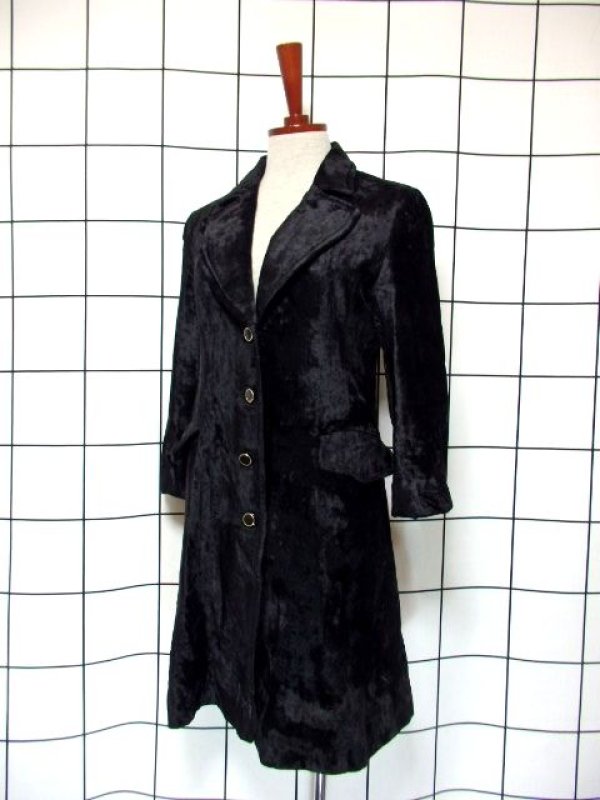 vintageヴィンテージロングコートブラックバイカラー無地レトロUSA海外古着 レトロコート ベルベット 70's ブラック 黒 クラシカル 古着
