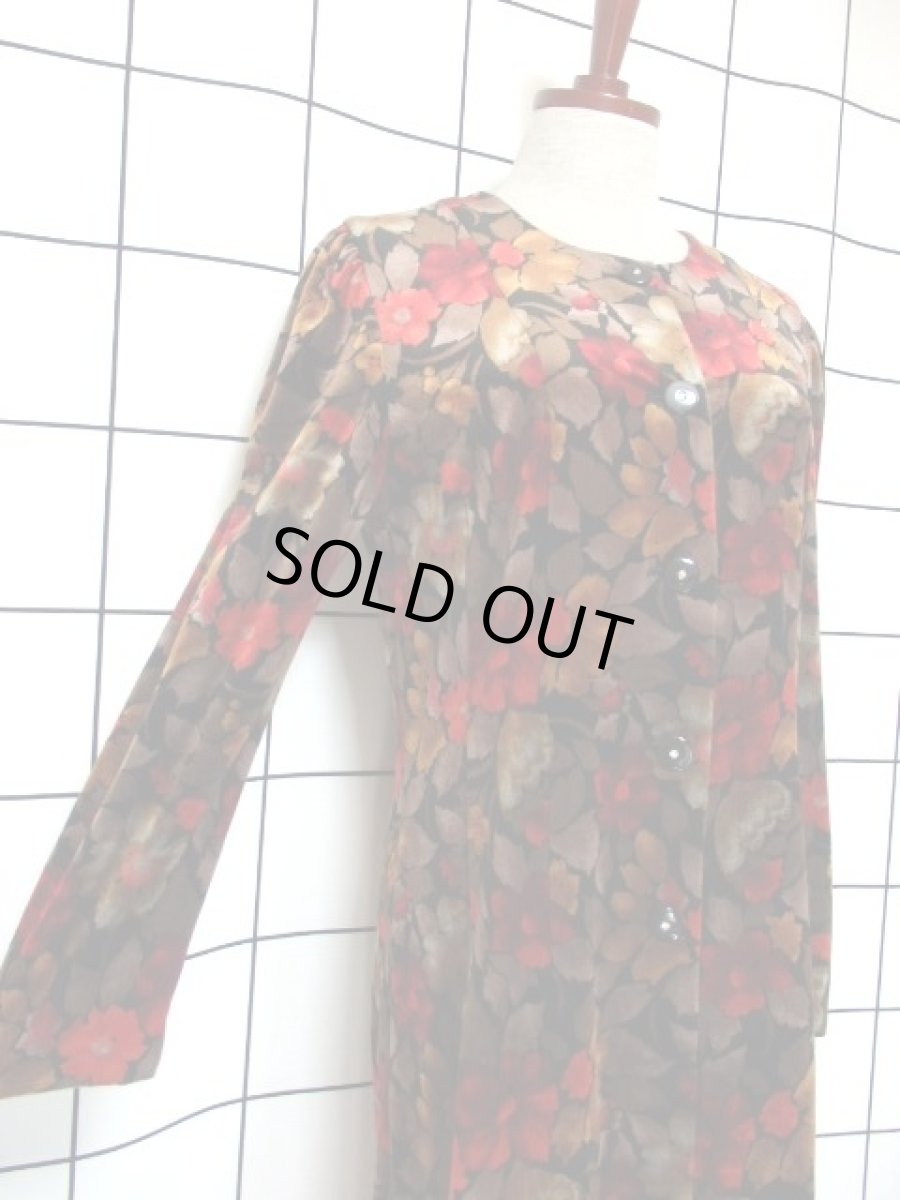 画像4: ベロア 花柄 長袖 昭和レトロ 国産古着 レトロワンピース【7123】 (4)