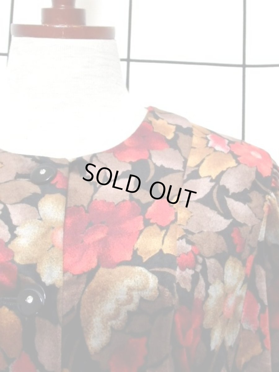 画像3: ベロア 花柄 長袖 昭和レトロ 国産古着 レトロワンピース【7123】 (3)