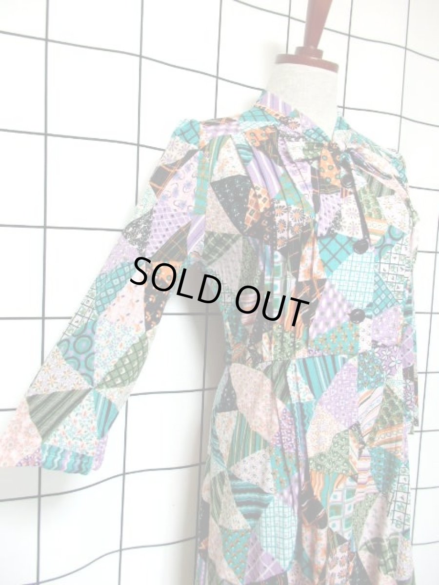 画像4: レトロワンピース チェック柄 ドット柄 花柄 首元リボン 長袖 古着 (4)