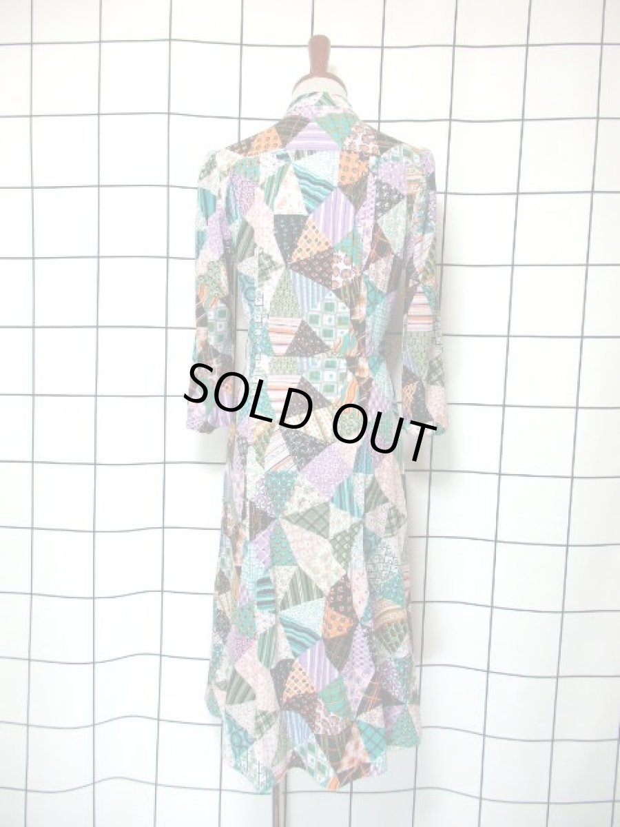 画像5: レトロワンピース チェック柄 ドット柄 花柄 首元リボン 長袖 古着 (5)