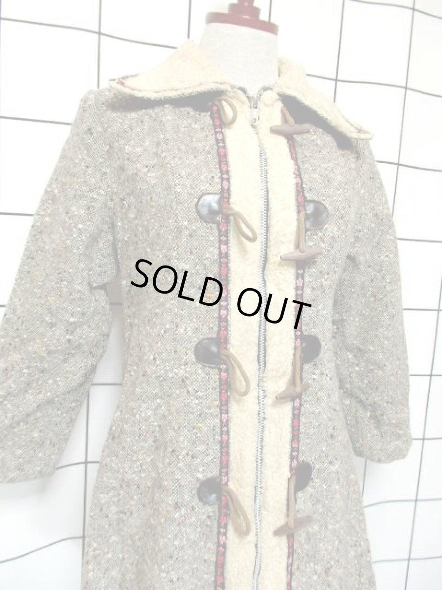 画像11: レトロコート ツイード ボア お花刺繍チロルテープ グレー 80's 90's 古着 (11)