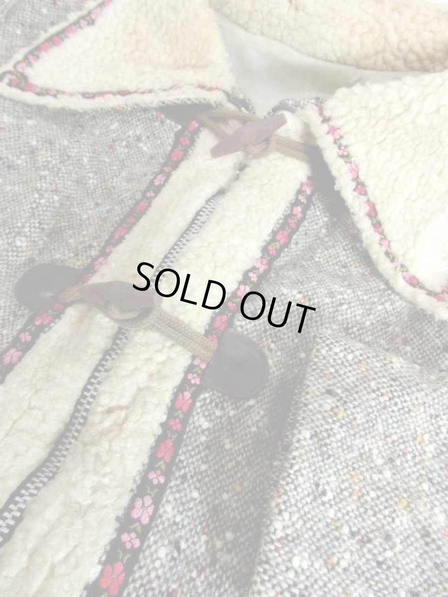 画像14: レトロコート ツイード ボア お花刺繍チロルテープ グレー 80's 90's 古着 (14)