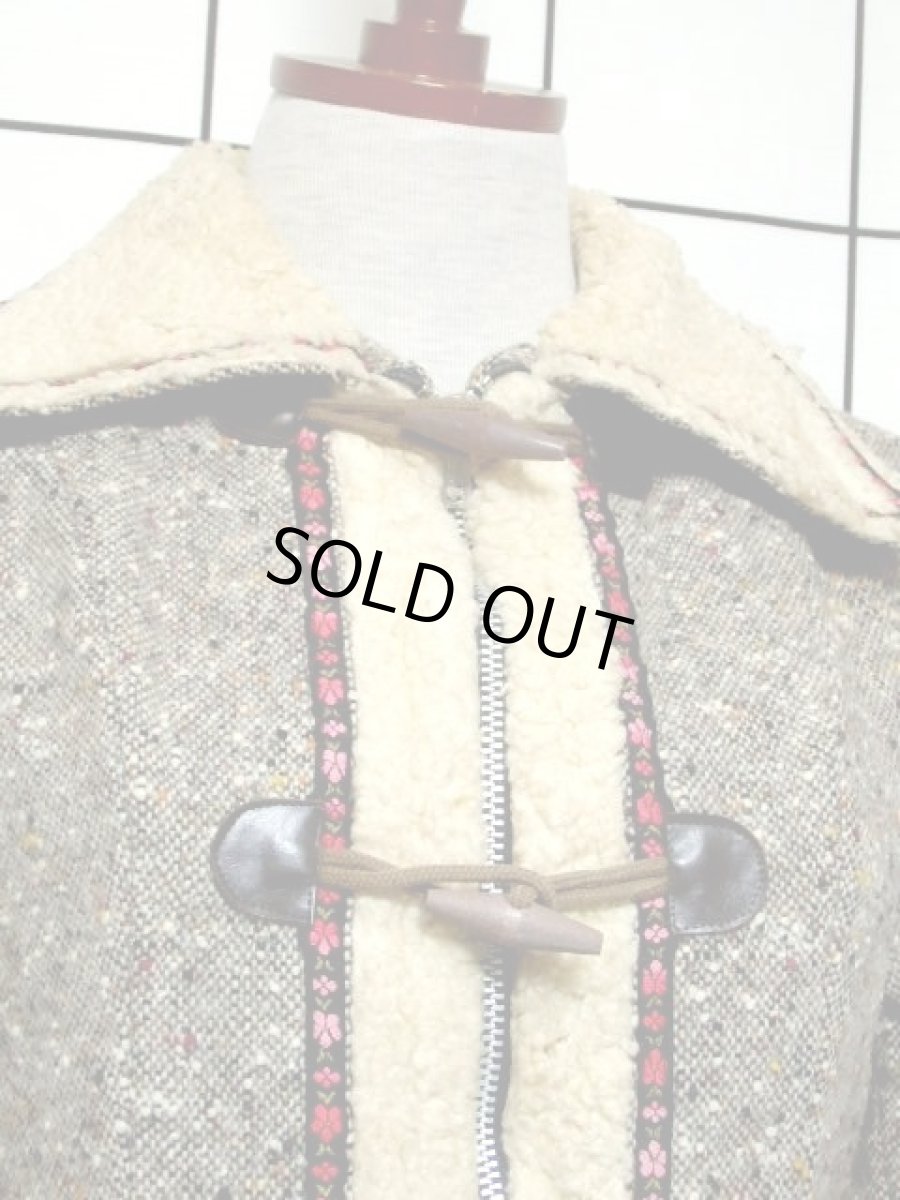 画像3: レトロコート ツイード ボア お花刺繍チロルテープ グレー 80's 90's 古着 (3)