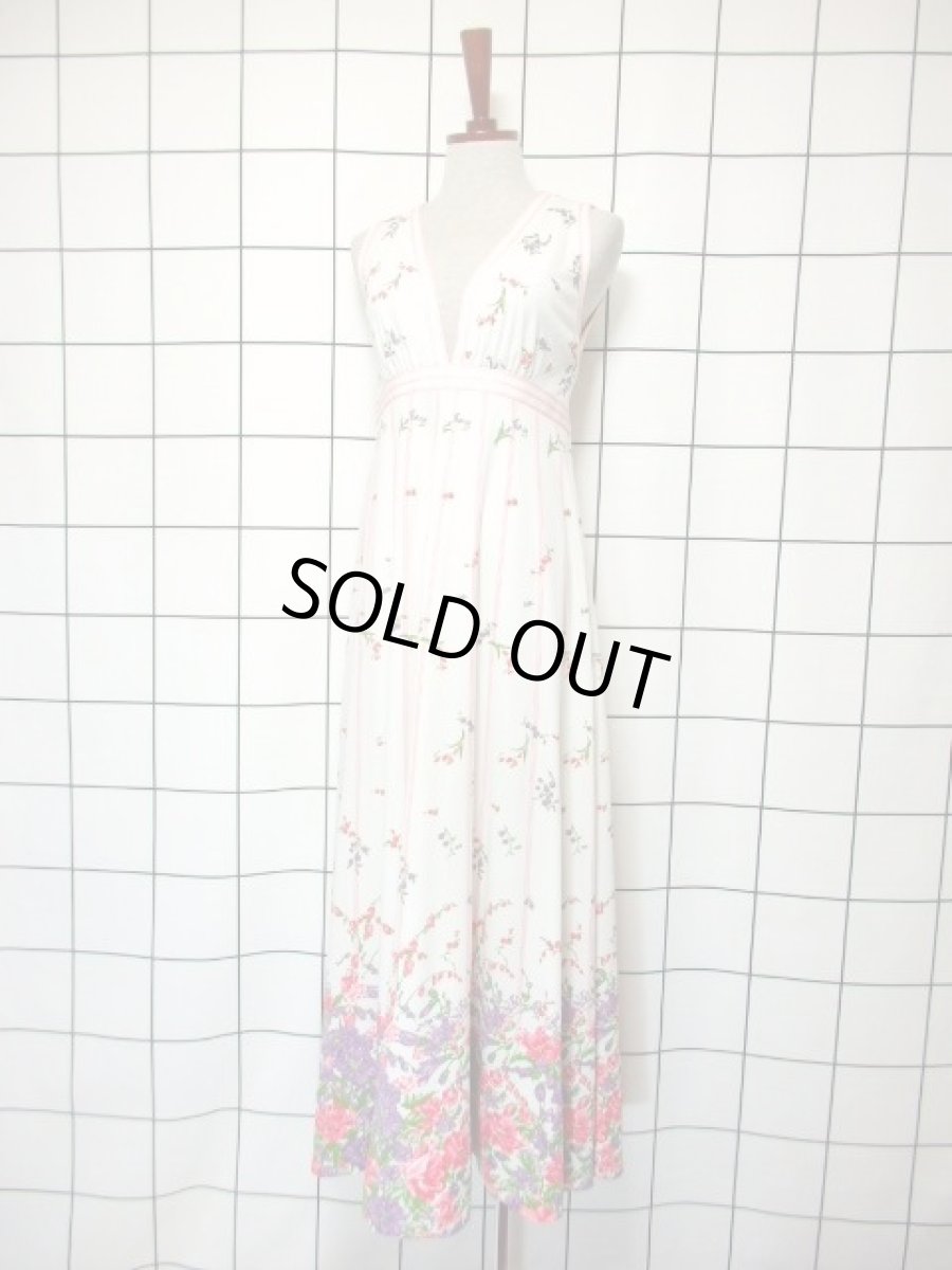 画像2: パーティースタイルにもおすすめ ホワイト 白 70's 花柄 ストライプ レトロ ヨーロッパ古着 ヴィンテージドレス【7160】 (2)