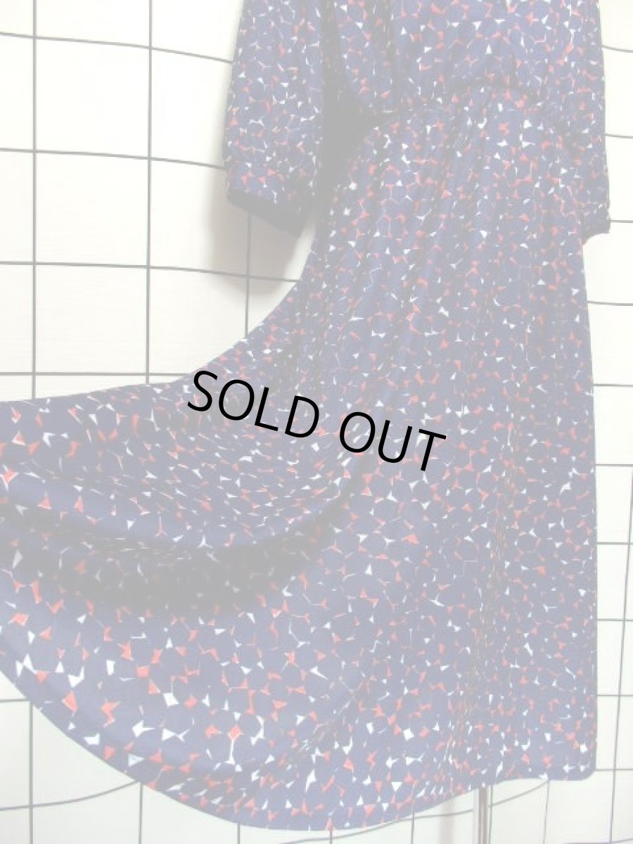 画像14: フロントホワイトレース ネイビー ふんわり袖 上品 レトロ 長袖 ヨーロッパ古着 ヴィンテージドレス 【6349】  (14)